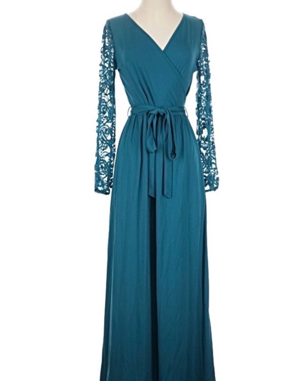 Long Sleeve Lace-Sleeve Emerald Green Wrap Maxi Dress